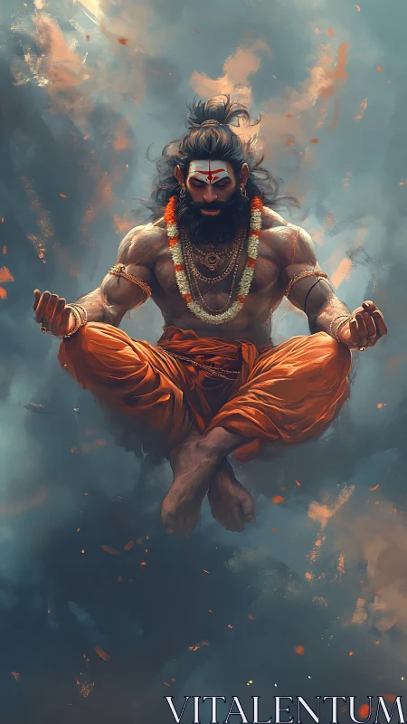 Muscular meditating sage levitates in stormy atmospheric clouds