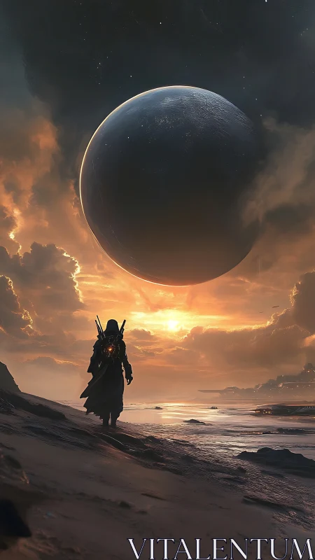 Hooded sci fi wanderer under looming planet at sunset.