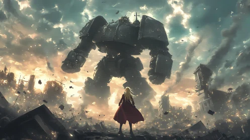 Heroic figure faces towering mech in a stormy ruin.