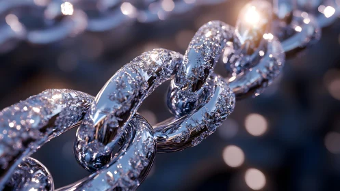 Close-up of shiny metal chain with sparkling frost, hyper-realistic style.