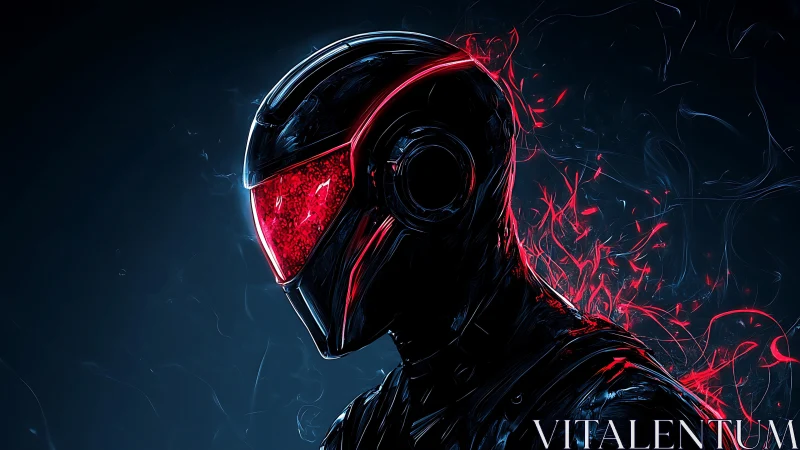 Cybernetic visor sentinel with red energy plume profile study.