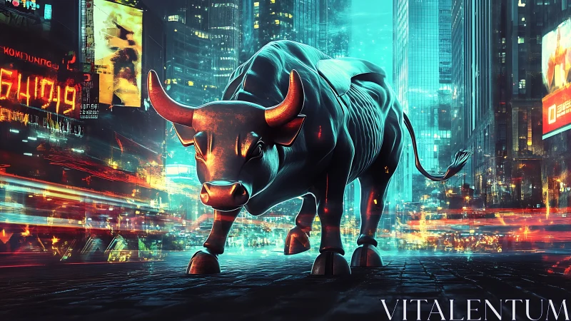 Cybernetic bull rendered in neon-lit urban canyon with motion streaks