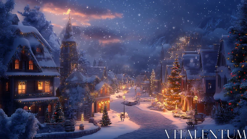 Snowy village street with warm holiday lights at night.