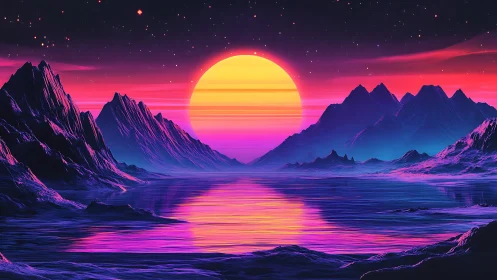 Neon gradient sunset over stylized mountainous shoreline.