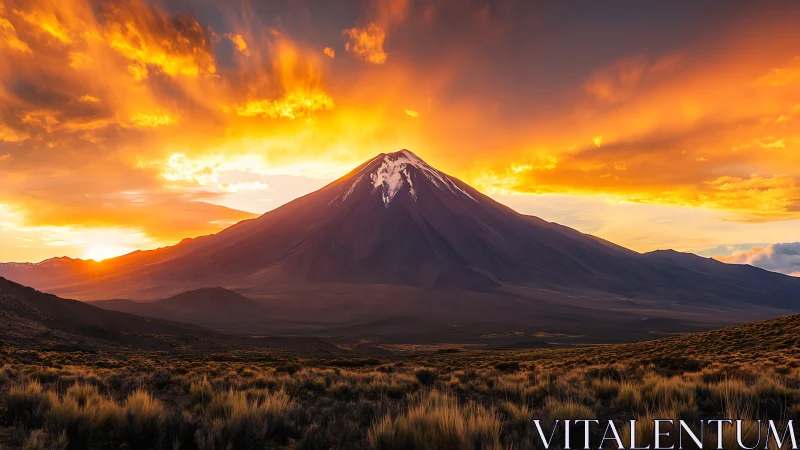 Volcanic cone with snow patch under dense orange sky at dusk.