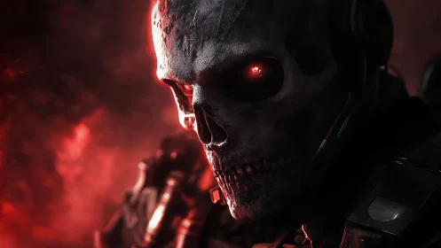 Cyborg skull portrait with red glowing eye in smoke field.