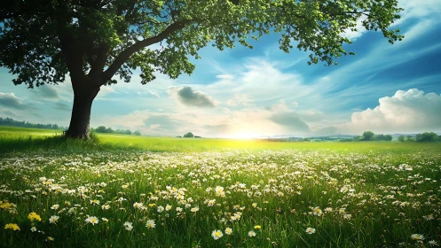 Sunlit meadow with single tree overlooks distant rural horizon