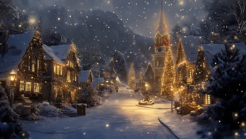 Snowy village street shows illuminated houses and church
