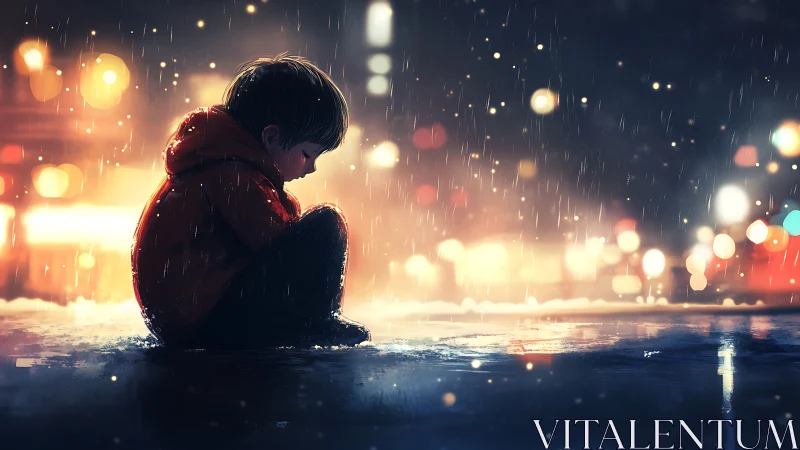 Solitary child in rain against neon city bokeh glow.