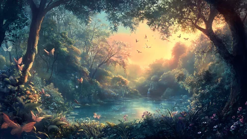 Enchanted Forest Stream at Golden Sunset.