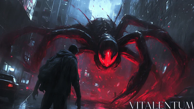 Giant neon arachnid descends on rain-soaked cyberpunk alleyway