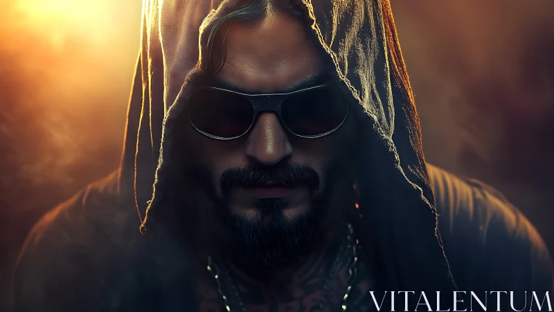 Hooded man in sunglasses under dramatic warm backlight.
