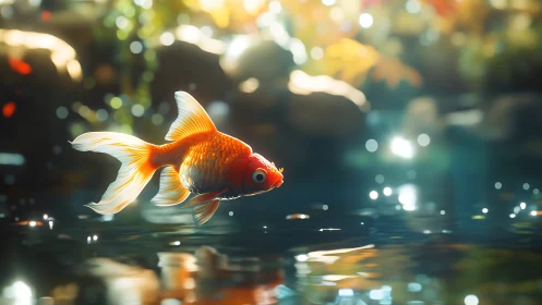 Goldfish drifts through glittering pond light like quiet starlight