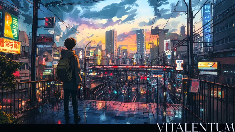 Quiet evening pause over a glowing rainy cityscape