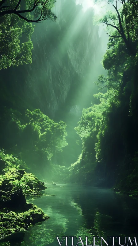 Luminous jungle gorge with misty river corridor below.