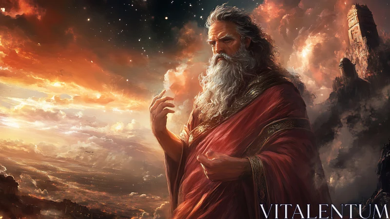 Ancient bearded deity in stormy golden sunset sky scene.