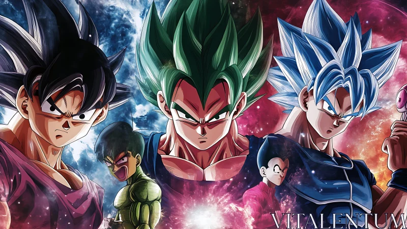 High-energy anime warriors in triadic cosmic composition.