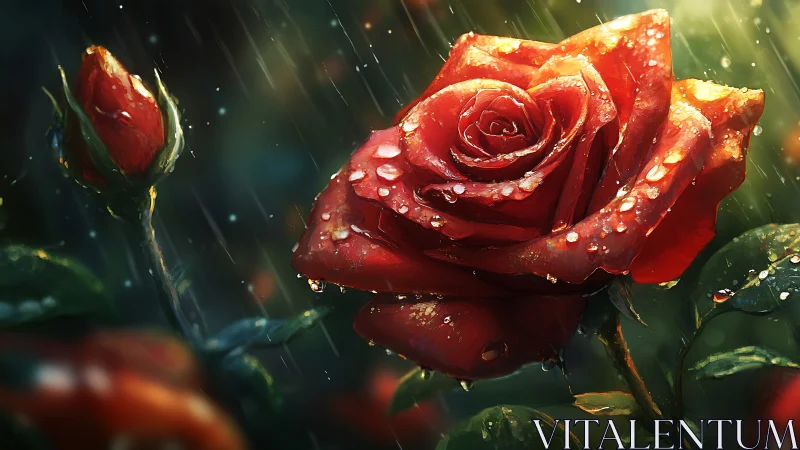 Crimson rain-kissed rose leans into a stormlit spotlight