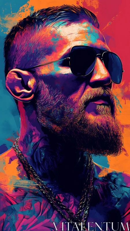 Neon portrait of bearded man in sunglasses, bold color heat