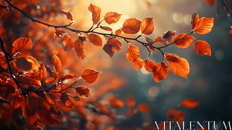 Autumn Leaves on Tree Branch in Soft Sunlight, Nature Photography.