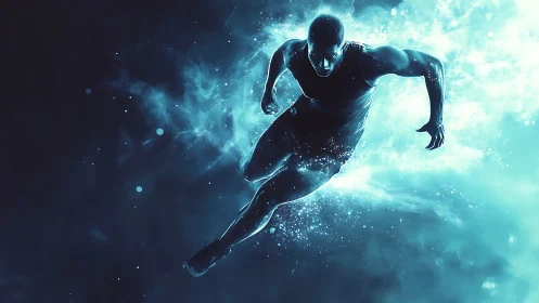 Digital runner silhouette in teal motion cloud background.