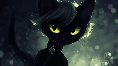 Black cat with yellow eyes stands in dim backlit environment