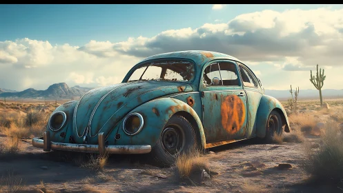 Rusted turquoise Beetle abandoned in arid desert landscape