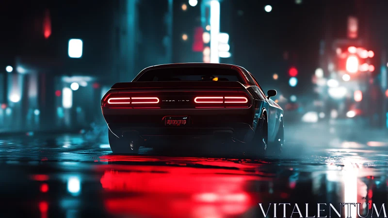 Rear view of muscle car in wet neon lit city street at night.