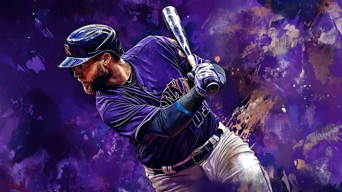 Baseball slugger readies power swing in vivid purple art.
