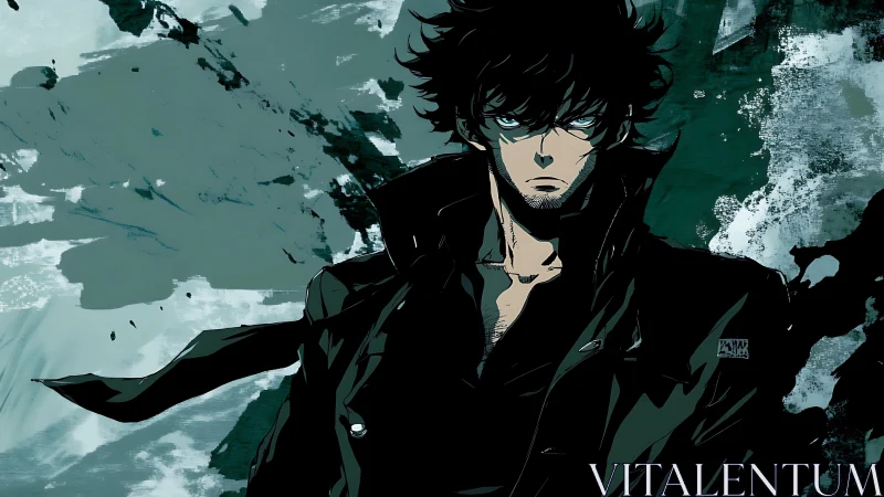 Brooding anime antihero stands against abstract storm backdrop.
