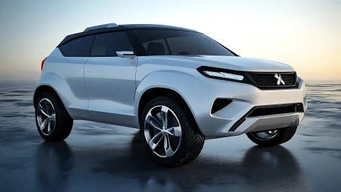 White compact crossover SUV concept on reflective wet surface