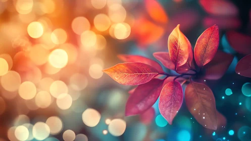Glowing autumn leaves shimmer amid dreamy bokeh lights.
