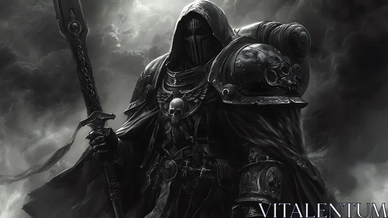 Armored void templar in baroque exosuit amid stormfront.