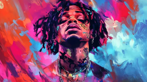 Portrait of tattooed person amid contrasting abstract colors