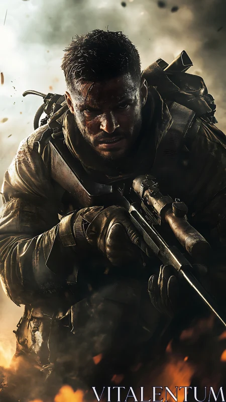 Battle-hardened tactical marksman in kinetic combat duststorm.