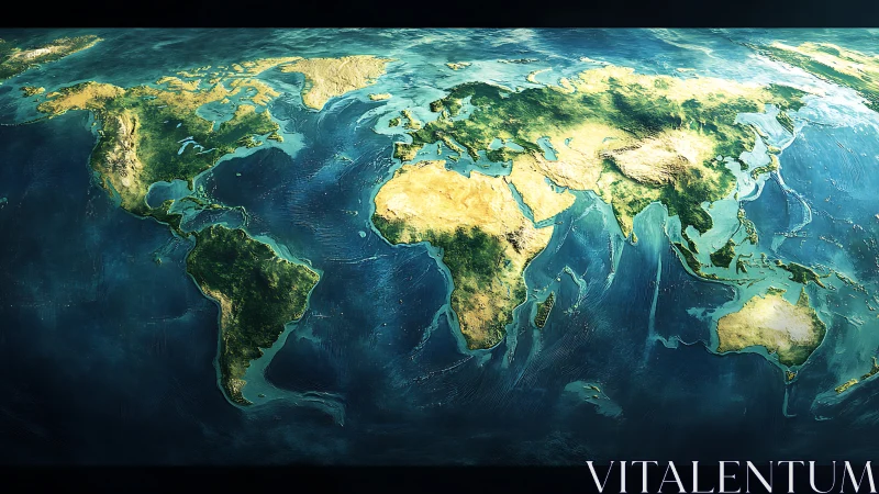 Detailed world map glows with vivid topographic relief.