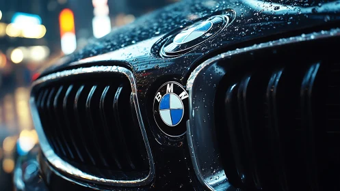Close-up of wet BMW front grille and emblem at night.