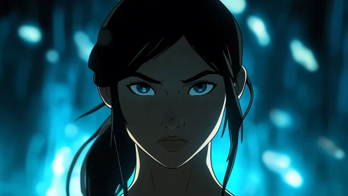 Fierce animated heroine framed by luminous blue bokeh glow.