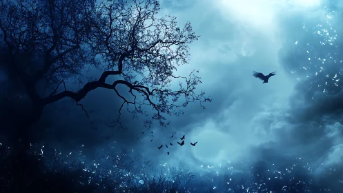 Silhouetted tree and flying birds contrast against blue sky