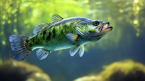 Largemouth bass rendered in high-detail aquatic digital painting