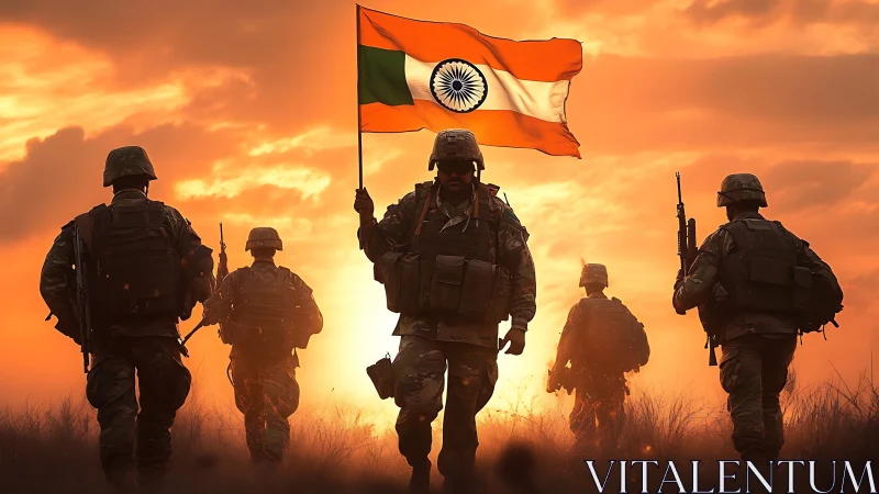 Sunset-backlit infantry squad advancing with Indian tricolor flag.