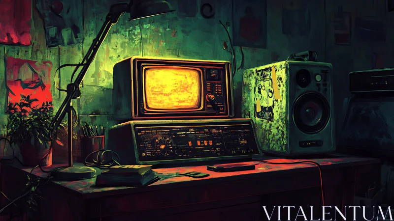 Neon static hums over retro console in moody hacker den.