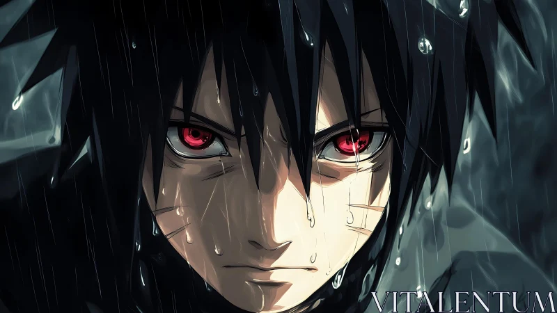 Intense anime boy with red eyes standing in heavy rain.