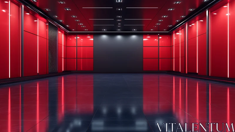 Red illuminated corridor with glossy reflective floor panels.
