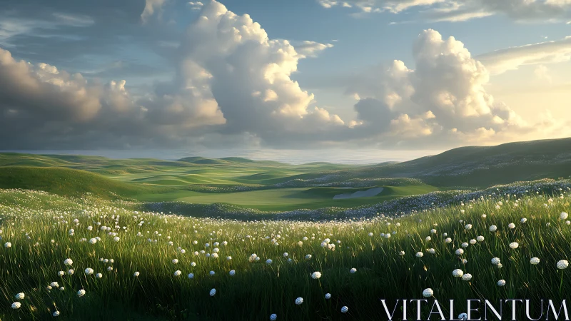 Parametric meadow panorama with volumetric clouds at sundown.