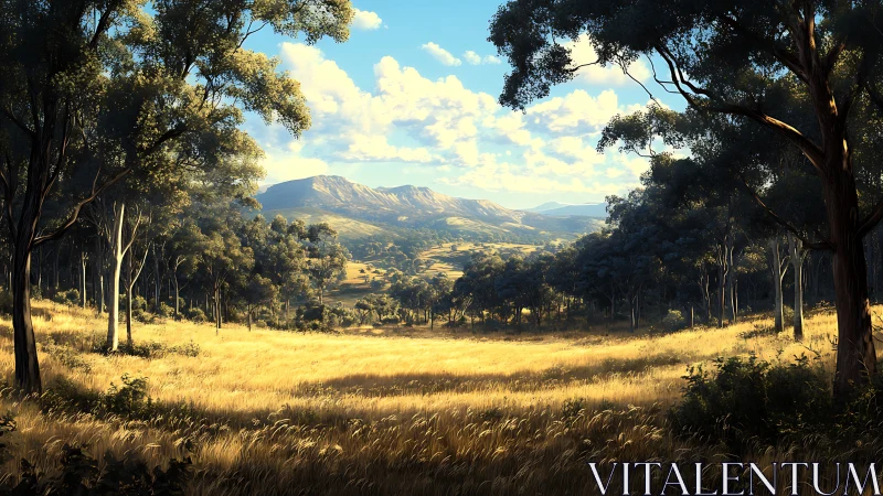 Sunlit grassland opens toward distant blue mountain ridge