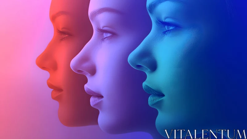 Three female profiles in vivid gradient lighting, digital art style.