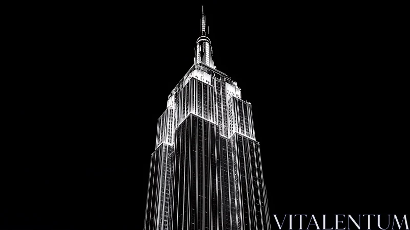 Monochrome night view of illuminated city skyscraper.
