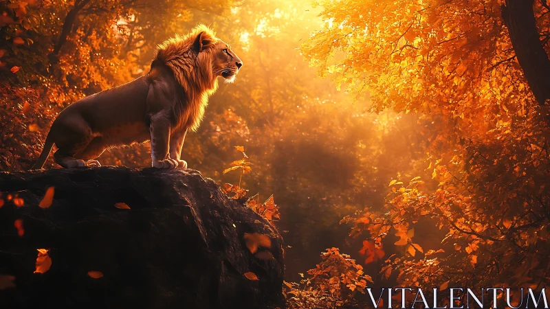 Lion on rocky ledge under dense golden forest light.