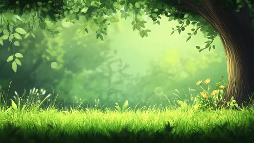 Digital landscape composition featuring luminous tree canopy with bokeh atmospheric rendering and fo